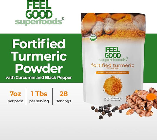 FeelGood Organic Superfoods Fortified Turmeric Powder 95% Curcuminoids, 7 oz