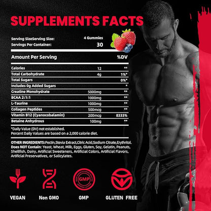 Creatine Monohydrate Gummies 5000mg for Men & Women, 120 Count Creatine for Enhanced Muscle Growth, Strength, and Recovery, Sugar Free Pre-Workout Supplement-Mixedberry Flavor