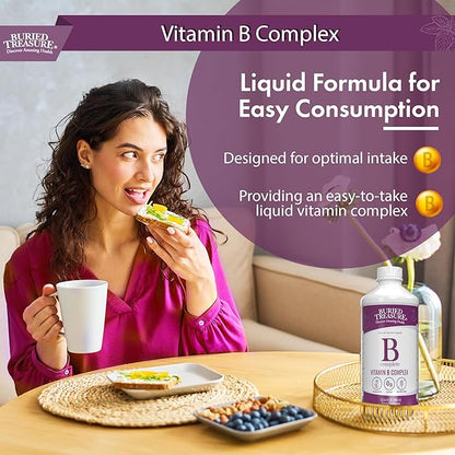 Buried Treasure B Complete - 16 Fl oz, All 8 B Vitamins with Methylated B12 & Methylfolate, Biotin, B1, B2, B6, Antioxidant Support, Liquid & Sugar-Free, B complex vitamins for Women & Men.
