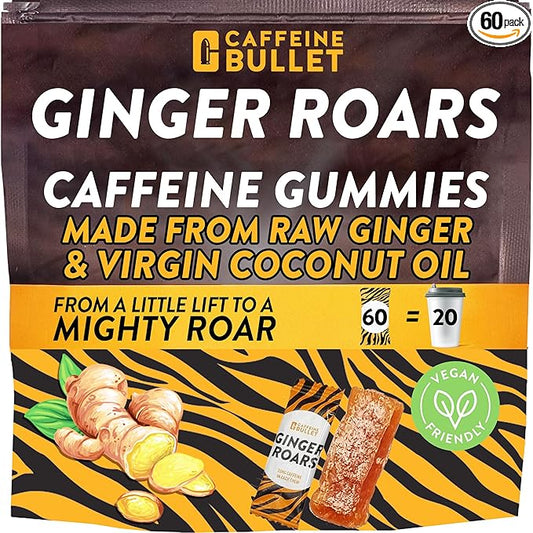 Ginger Roars - 60 Energy Gummies - Vegan Caffeine Chews Each 33mg, Made with a Tasty, Natural Fiery Kick for Improved Running, Cycling, Preworkout & Focus.