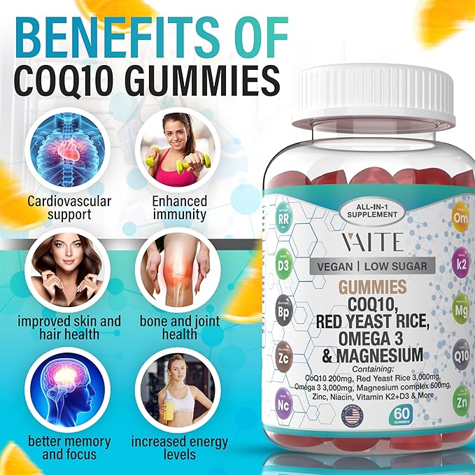 CoQ10 200mg Gummies with Red Yeast Rice & Magnesium Glycinate – Omega-3, Zinc, and Vitamin K2+D3 for Overall Health – Supplements for Adults – 60 Chewable Gummies