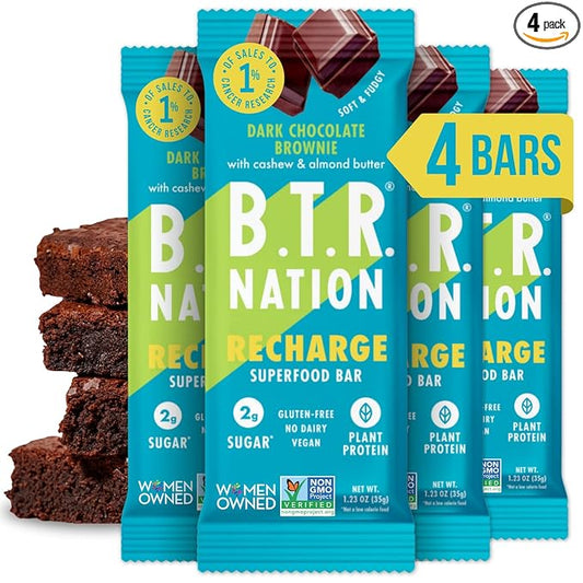 Vegan Keto Superfood Protein Bars, by B.T.R. - Low Carb, Plant Based, and Gluten Free | 4 Bars | Free of Sugar Alcohols and Boosted with Powerful Superfoods! (Brownie RECHARGE)
