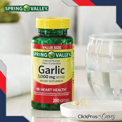 Spring Valley Odor-Controlled Garlic Softgels Dietary 1,000 mg 200 Count (3 Items)!