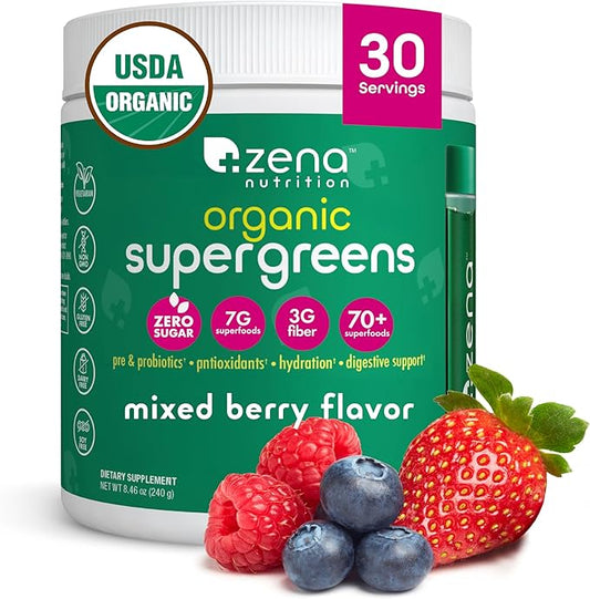 Zena Organic Super Greens Powder, 70+ Superfoods Drink Mix, 0 Sugar, 3G Fiber, Fruits, Veggies, Spirulina, Chlorella, Antioxidants, Pre & Probiotics, Digestive Enzymes, Mixed Berry Flavor, 30 Servings