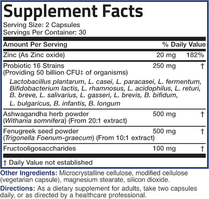 Bronson Men's Probiotic 50 Billion CFU Plus Prebiotic with Ashwagandha, Fenugreek & Zinc, Supports Healthy Digestion & Immune Function Non-GMO, 60 Vegetarian Capsules