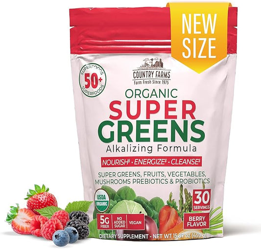 COUNTRY FARMS Super Greens Berry Flavor, 50 Organic 30 Servings
