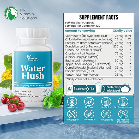 DR VITAMIN SOLUTIONS Diuretic Water Pills for Weight Control - Instant Relief from Bloat and Swelling - Green Tea, Cranberry, Dandelion Leaf Extract - Water Retention Pills for Women & Men, 120 Caps