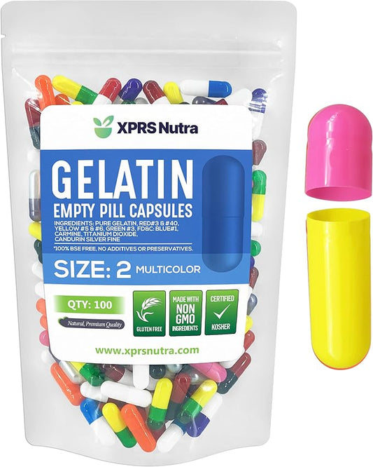XPRS Nutra Size 2 Empty Capsules - 100 Count Empty Gelatin Capsules - Empty Pill Capsules - DIY Capsule Filling - Pure Bovine Pill Capsules Empty Gel Caps (Multi Color)