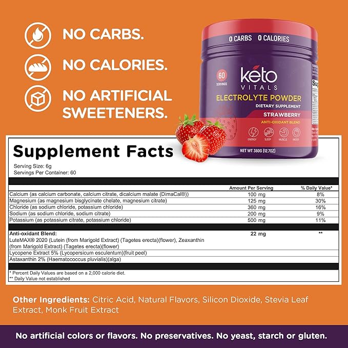 Keto Vitals Electrolytes Powder - Antioxidant Blend Electrolytes with Potassium, Magnesium, Sodium, Calcium | Keto Electrolytes Supplement Energy Drink Mix | Sugar-Free, Zero Calories, Zero Carbs
