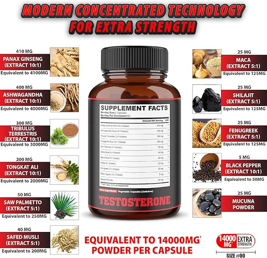 agobi 11in1 Testosterone Supplement for Men from Herbal Extract 14000mg Equivalent - Endurance, Drive, and Body Support 120 Vegan Capsules for 2 Months