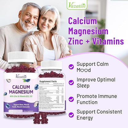 2 Pack Calcium Magnesium Zinc Gummies D3 & B12, Sugar
