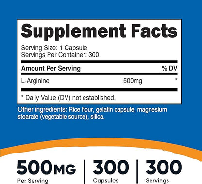 Nutricost L-Arginine 500mg, 300 Capsules - Gluten Free and Non-GMO