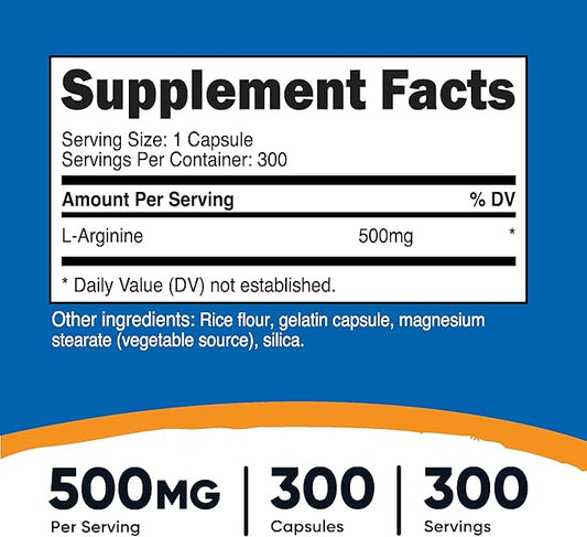 Nutricost L-Arginine 500mg, 300 Capsules - Gluten Free and Non-GMO
