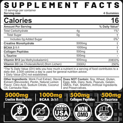 Creatine Monohydrate Gummies 5g for Men 7000mg with B12, D3, D3, Chewables 2 Pack