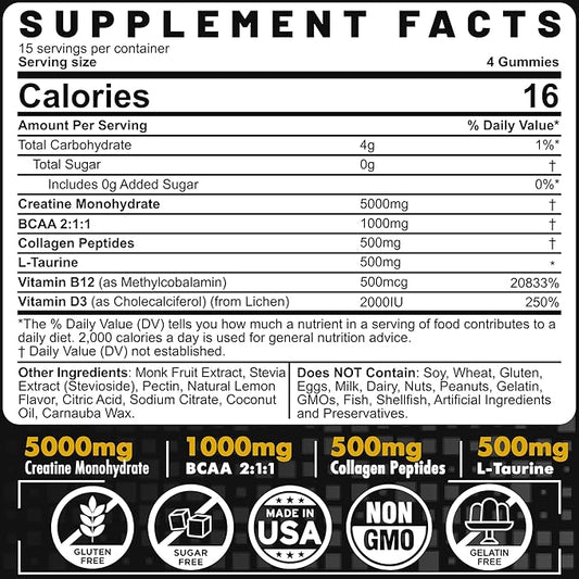Creatine Monohydrate Gummies 5g for Men 7000mg with B12, D3, D3, Chewables 1 Pack