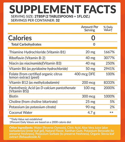 Bio Naturals Vitamin B Complex Liquid Supplement - 100% Natural Energy Boost with Vitamins B1 B2 B3 B5 B6 B12 & Organic Coconut Water for Stress, Mental Focus & Healthy Immune System - 32 fl oz