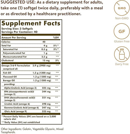 Solgar 1300 mg Omega 3-6-9, 120 Softgels - Fish Oil Supplement - Support for Heart, Joint & Skin Health - Includes Flaxseed & Borage - Contains EPA & DHA - Omega 3 Fatty Acids - 40 Servings
