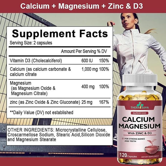 4 in 1 Calcium 1000mg + Magnesium 400mg + D3 + Zinc, Extra Strength, Complex Supplement for Bone and Immune Health. 120 SoftGels, 60 Day Supply
