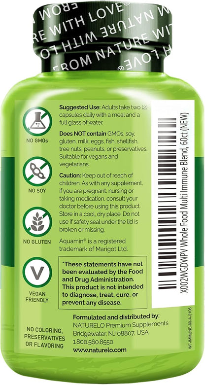 NATURELO Whole Food Multivitamin + Immune D3, Zinc, 60 Vegan