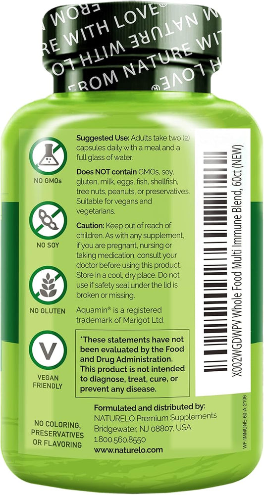 NATURELO Whole Food Multivitamin + Immune D3, Zinc, 60 Vegan