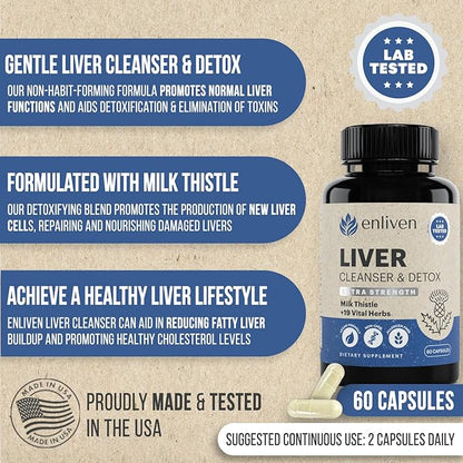 enliven Liver Cleanse Detox & Repair Supplement | Supports Liver Health with Milk Thistle, Dandelion Artichoke | Non-GMO Fatty Liver Support - Men & Women | Made in The USA (60 Capsules)