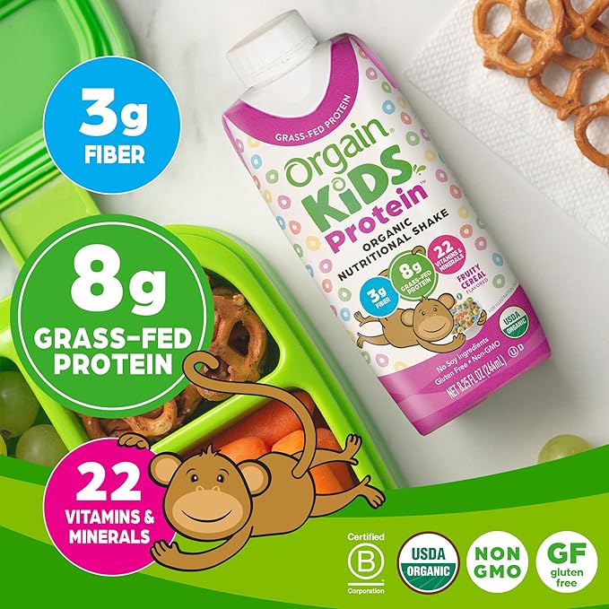 Orgain Organic Kids Nutritional Protein Shake, 8g Dairy 4g Fiber, 22 Vitamins 8.25 Fl 12)
