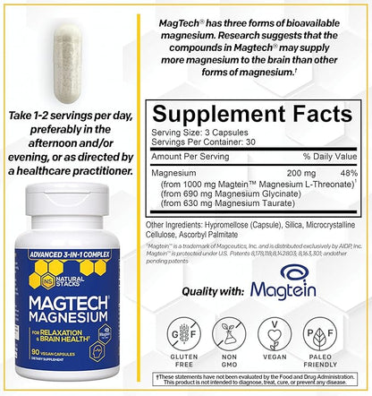 MagTech Magnesium Supplement - Chelated Magnesium Complex - 3 Forms of Magnesium: Magtein Magnesium L-Threonate, Glycinate & Taurate - Supports Relaxation & Brain Health*, 90 Magnesium Capsules
