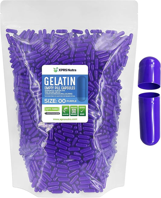 XPRS Nutra Size 00 Empty Capsules - 5000 Count Empty Gelatin Capsules - Empty Pill Capsules - DIY Capsule Filling - Fillable Pill Capsules Empty Gel Caps (Purple)