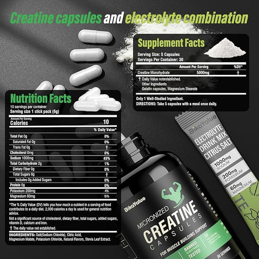 Creatine Capsules & Electrolytes Powder, 150 Creatine Capsules, 10 Pack Electrolyte Combination, Supplement for Muscle, Energy, Recovery, Gluten-Free Creatine for Women, Men (30 Servings)