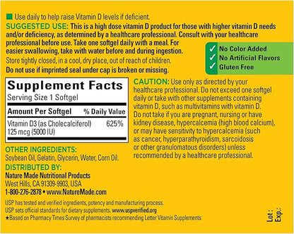 Nature Made Extra Strength Vitamin D3 5000 IU (125 mcg), 360 Softgels, 360 Day