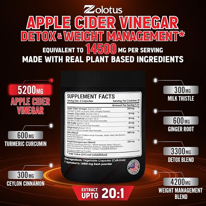 Zolotus 14x Strength Apple Cider Vinegar 14500mg, with (60 Caps)
