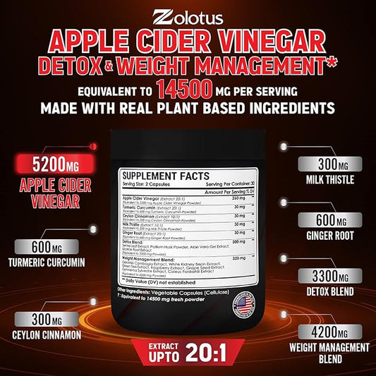 Zolotus 14x Strength Apple Cider Vinegar 14500mg, with (60 Caps)