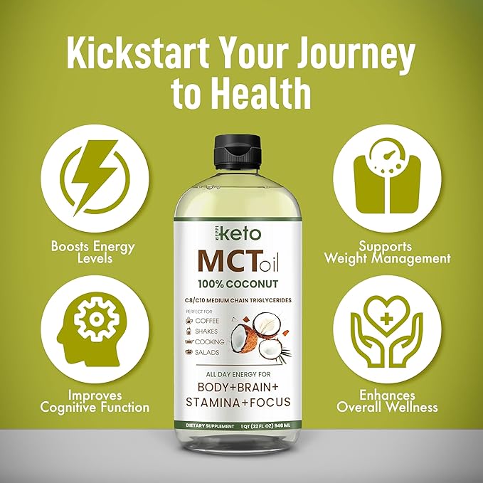 Keppi Keto MCT Oil - Flavorless C8 and C10, Non-GMO, Certified Gluten-Free, Palm Oil Free, Vegan, Kosher, Halal, 32 oz Coconut Oil