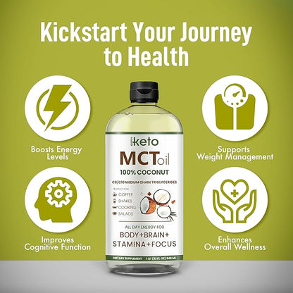 Keppi Keto MCT Oil - Flavorless C8 and C10, Non-GMO, Certified Gluten-Free, Palm Oil Free, Vegan, Kosher, Halal, 32 oz Coconut Oil