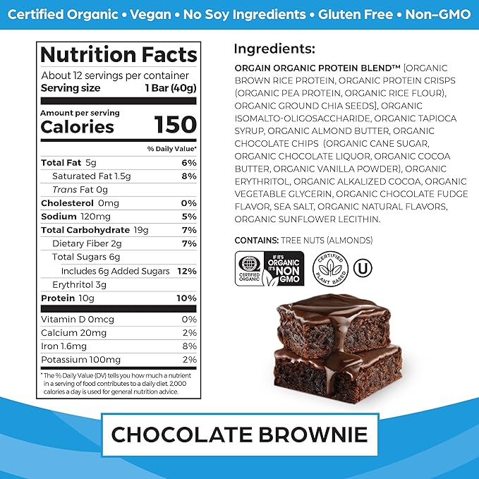 Orgain Organic Vegan Protein Bars, Chocolate Brownie 10g Plant 1.41 Oz 12)