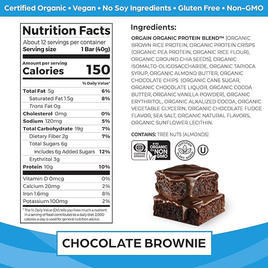 Orgain Organic Vegan Protein Bars, Chocolate Brownie 10g Plant 1.41 Oz 12)
