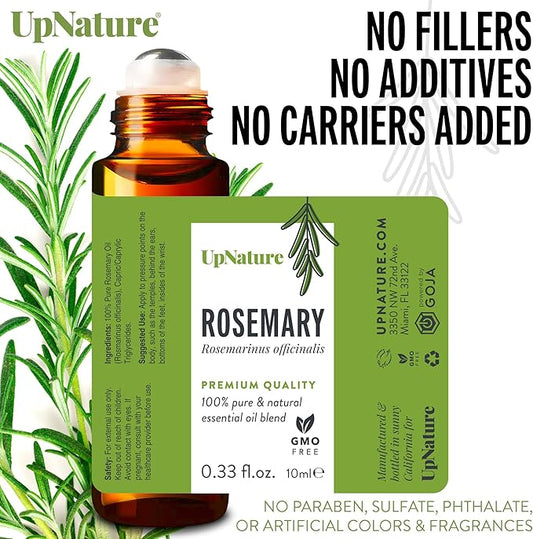 UpNature Rosemary Essential Oil Roll On – Topical Rosemary Oil for Hair & Skin - Premium Aromatherapy Oils - Enhance Focus - Pre-Diluted