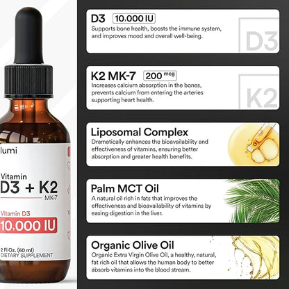 lumi Vitamin D3 K2 MK7 w Palm MCT Oil - 10000 IU D3, 200 mcg K2 MK7-60ml Liposomal Absorption Sublingual Liquid Drops - Non-GMO, Vegan, Unflavored Liquid - Monthly Supply - 2 Fl Oz