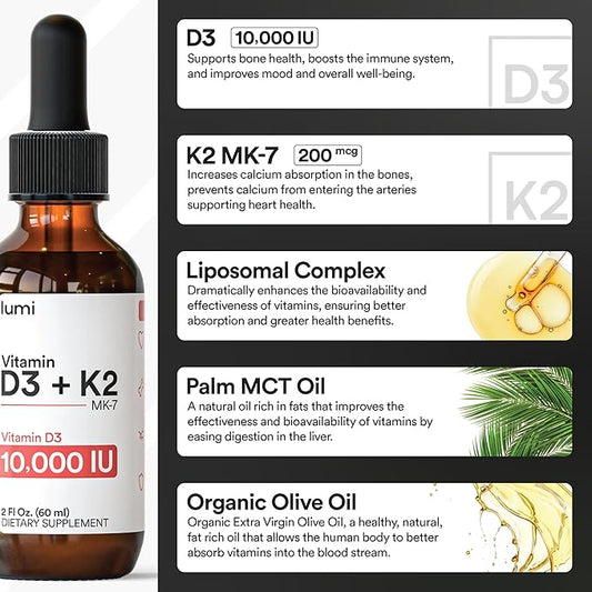 lumi Vitamin D3 K2 MK7 w Palm MCT Oil - 10000 IU D3, 200 mcg K2 MK7-60ml Liposomal Absorption Sublingual Liquid Drops - Non-GMO, Vegan, Unflavored Liquid - Monthly Supply - 2 Fl Oz