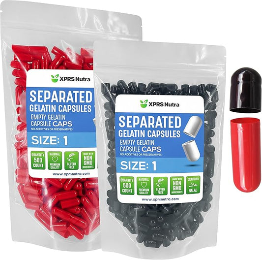 XPRS Nutra Size 1 Gelatin Separated Capsules - 500 Count Empty Pill Capsules Separated in Bags - Empty Capsules - Separated Empty Capsules - Pill Capsules Empty for DIY Supplement Filling (Black/Red)