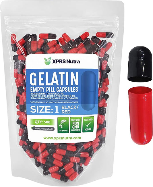 XPRS Nutra Size 1 Empty Capsules - 500 Count Colored Empty Gelatin Capsules - Empty Pill Capsules - DIY Supplement Capsule Filling - Fillable Color Gel Caps Pills (Black/Red)