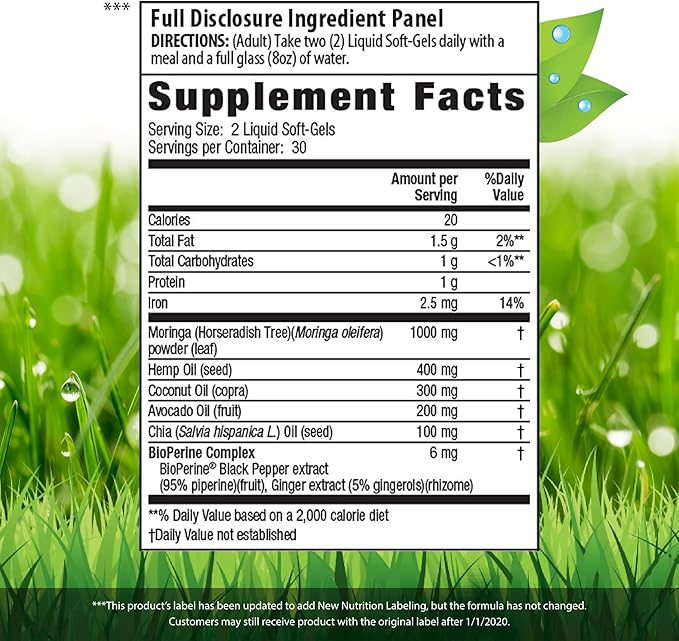 Irwin Naturals Mighty Moringa 1,000 mg - 60 Liquid Softgels, Pack of 2 - with Chia, Coconut, Hemp, Avocado & Omega Superfoods - 60 Total Servings