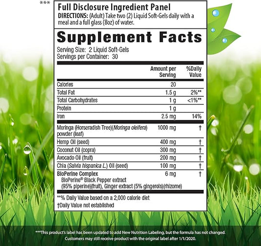 Irwin Naturals Mighty Moringa 1,000 mg - 60 Liquid Softgels, Pack of 2 - with Chia, Coconut, Hemp, Avocado & Omega Superfoods - 60 Total Servings