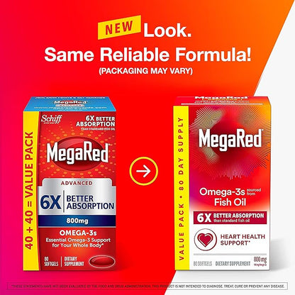 MegaRed Omega 3 Fish Oil Supplement 800mg (per 6X Absorption 3 Fatty (80cnt Box),