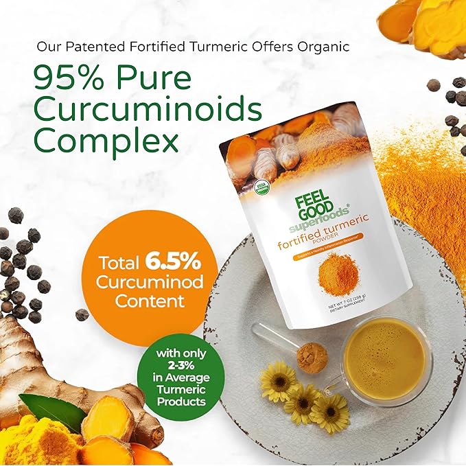 Feelgood Superfoods Fortified Turmeric Powder - Vegan Turmeric Supplement with Black Pepper Extract - Offers Cardiovascular, Joint, Digestive & Immune Support - 7 oz