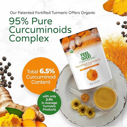 Feelgood Superfoods Fortified Turmeric Powder - Vegan Turmeric Supplement with Black Pepper Extract - Offers Cardiovascular, Joint, Digestive & Immune Support - 7 oz