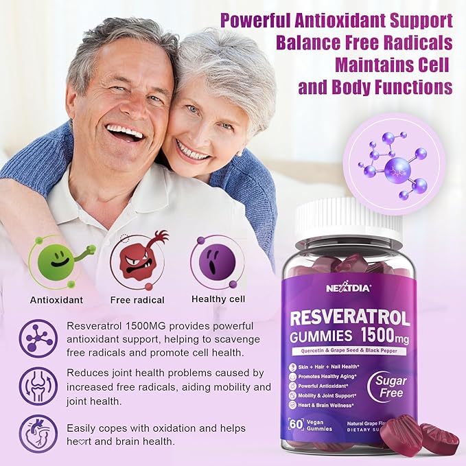 Resveratrol Gummies 1500mg - Sugar Free Resveratrol Supplement with Quercetin, Grape Seed, Acai Berries Extracts Support Antioxidant, Healthy Aging & longevity, Skin, Joint, Brain Wellness - 2Pack