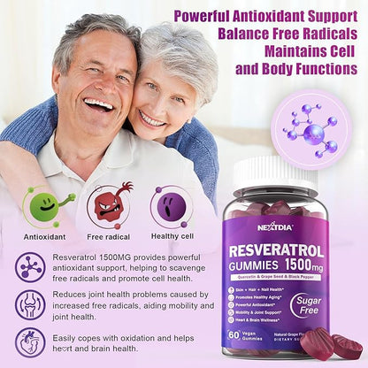 Resveratrol Gummies 1500mg - Sugar Free Resveratrol Supplement with Quercetin, Grape Seed, Acai Berries Extracts Support Antioxidant, Healthy Aging & longevity, Skin, Joint, Brain Wellness - 2Pack