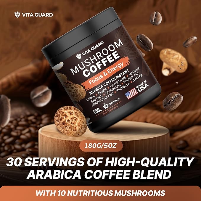 10-Mushroom Blend Coffee | Lion's Mane, Cordyceps, Reishi & More | Rich Arabica Instant Coffee with Coconut Powder | Boost Focus & Immune System