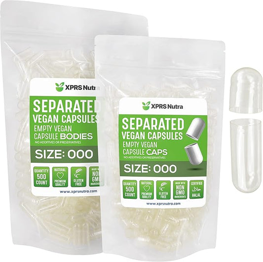 XPRS Nutra Vegan Size 000 Separated Capsules - 500 Count Premium Empty Capsules Separated in Bags - Clear Empty Capsules - Separated Empty 000 Capsules - Pill Capsules Empty for DIY Supplement Filling